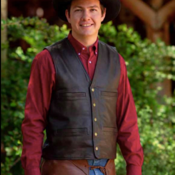 MENS BIGHORN LEATHER SNAP UP COWBOY VEST - BLACK